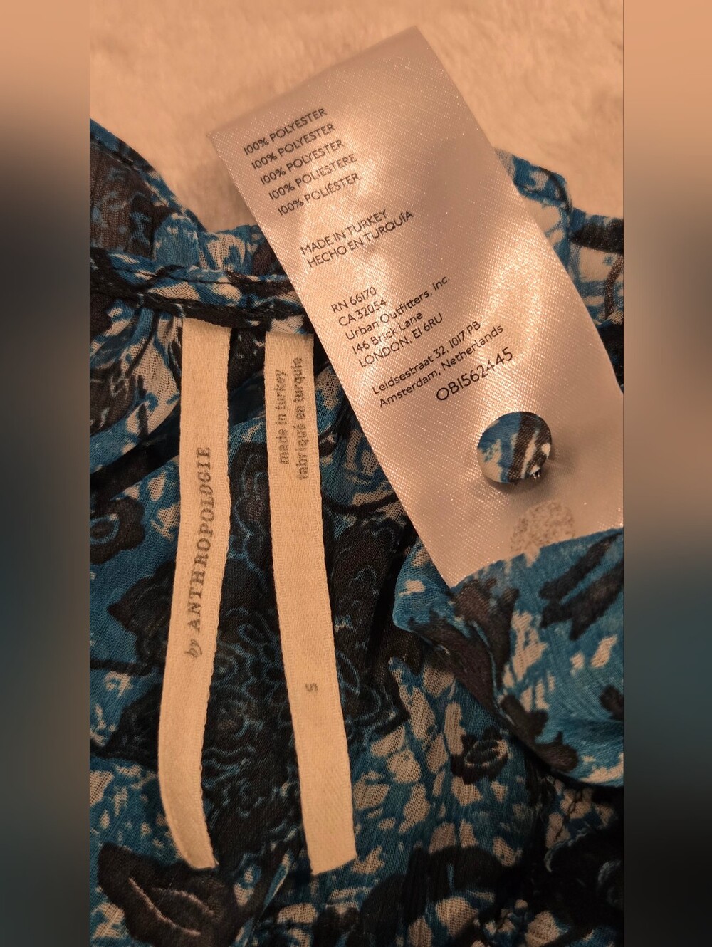 Anthropologie Blue Floral Tie-Neck Sheer Blouse, Size S. - Picture 15 of 15
